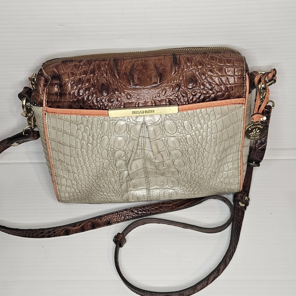 Brahmin Limited Edition Croc-Embossed Leather Crossbody Bag Brown Orange Beige